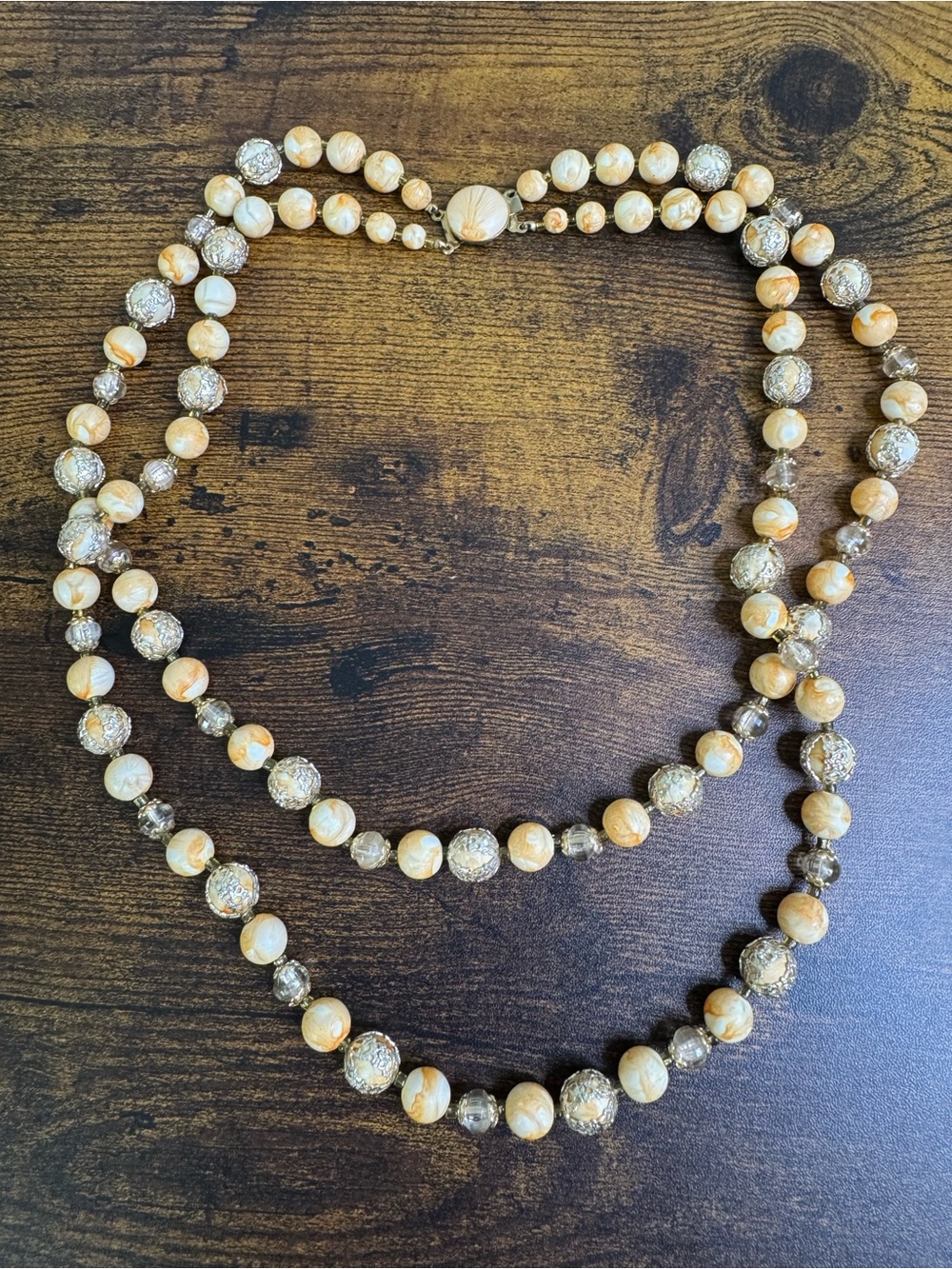 Vintage 1950’s Marbled Cream Necklace - Double Strand Box Clasp Warm Autumn